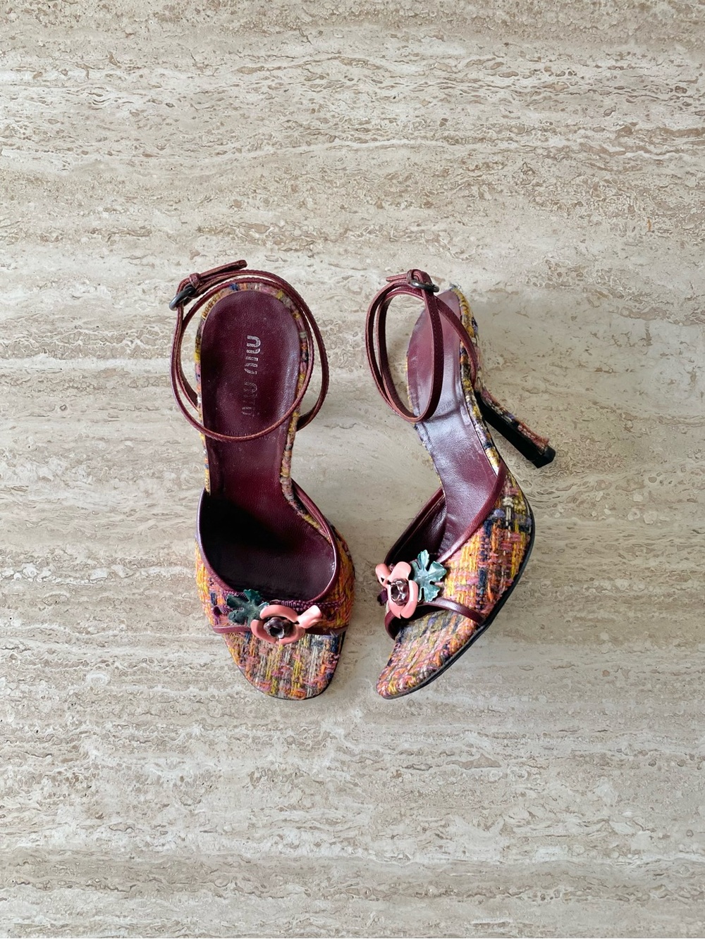 Vintage Miu Miu Tweed Flower Appliqué Ankle Strap Sandal Heels